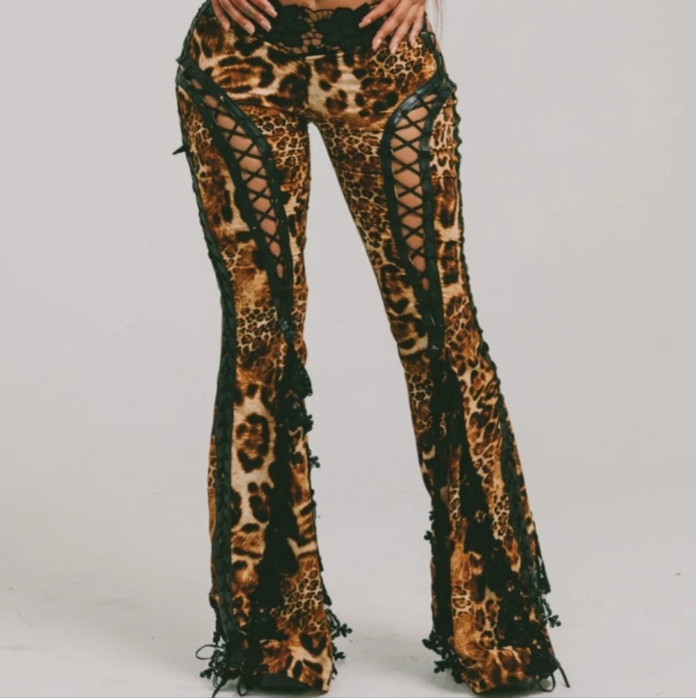 SOLD- Black and Brown Flared Pants with Fringe and Lacing